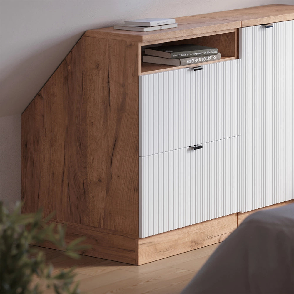 Mobile cucina sottotetto R-Line Ondulazione bianca/Rovere dorato 60 cm con 2 cassetti, carcassa 60 cm profondità Vicco