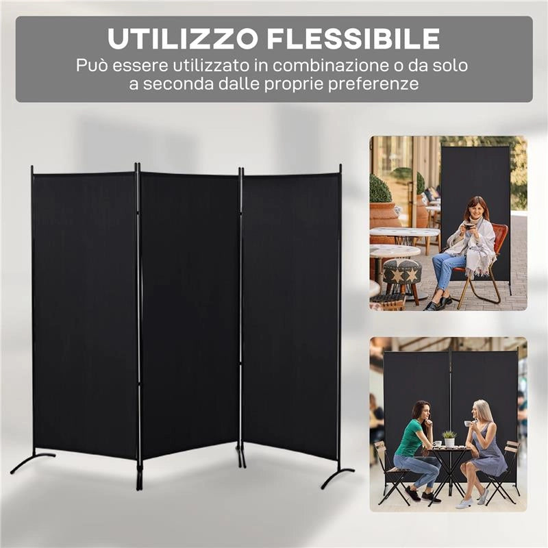 PARAVENTO SEPARÈ DA INTERNO A 3 PANNELLI PIEGHEVOLE IN METALLO E POLIESTERE, 253X50X182 CM, NERO