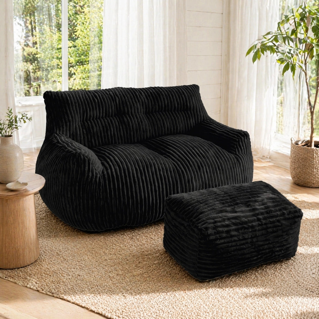 Pouf sacco ergonomico con imbottitura in memory foam, morbido e senza montaggio, in flanella nera
