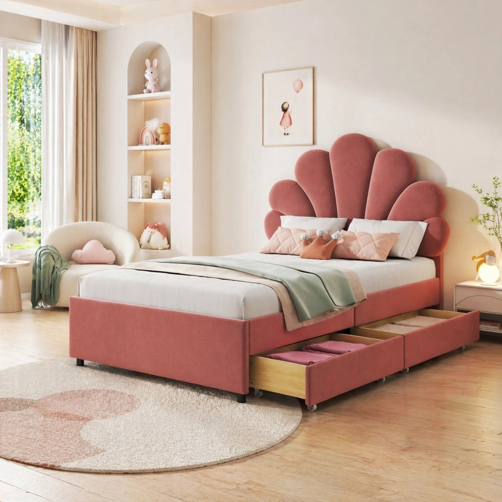 Letto imbottito per bambini 90x200 cm in velluto rosa con testiera decorativa e 2 cassetti