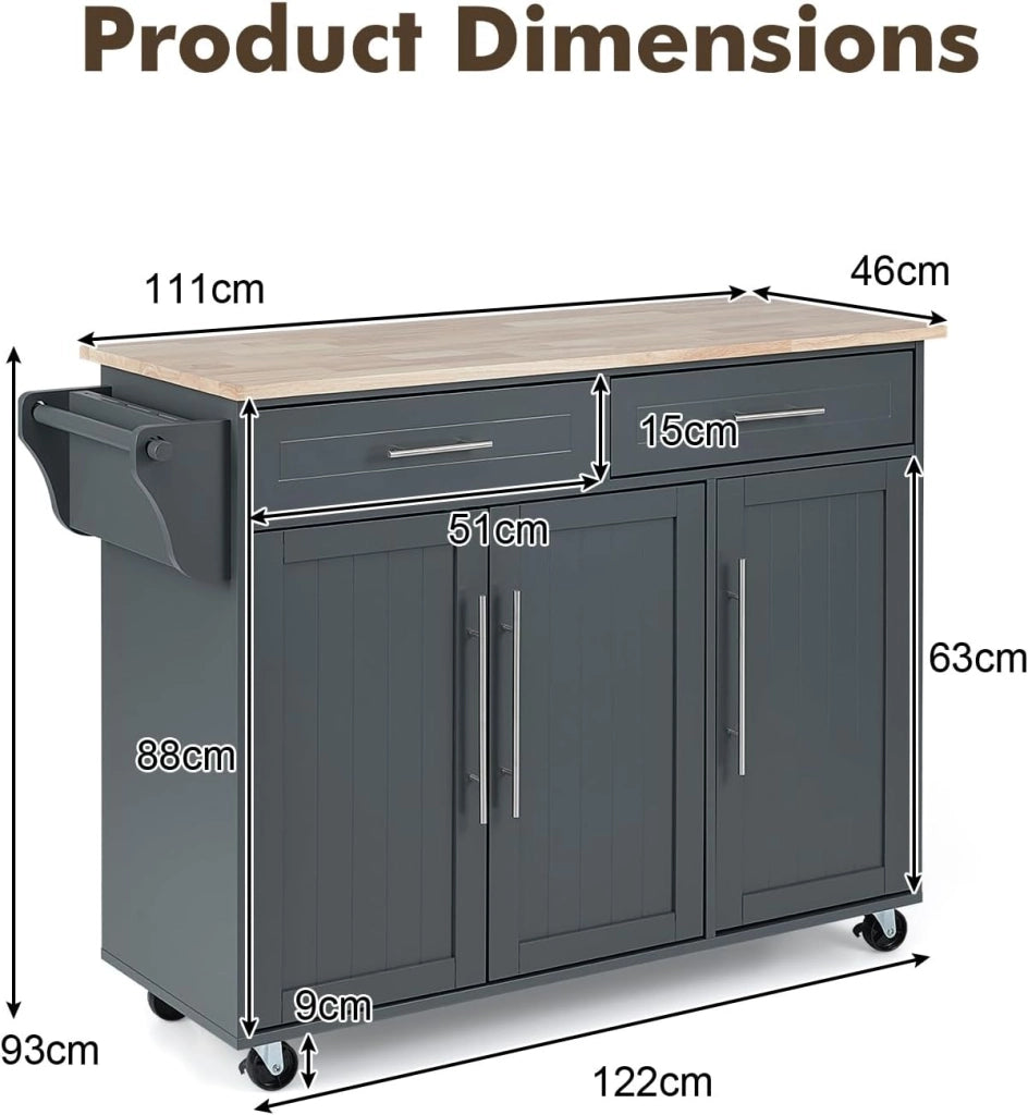 Carrello Portaoggetti con Ruote con 2 Freni, Isola Cucina in Rovere Massiccio, Mobiletto da Pranzo con Portaspezie e Portasciugamani, per Soggiorno, 111,5 x 46 x 93 cm, In 2 Pacchi (Grigio)