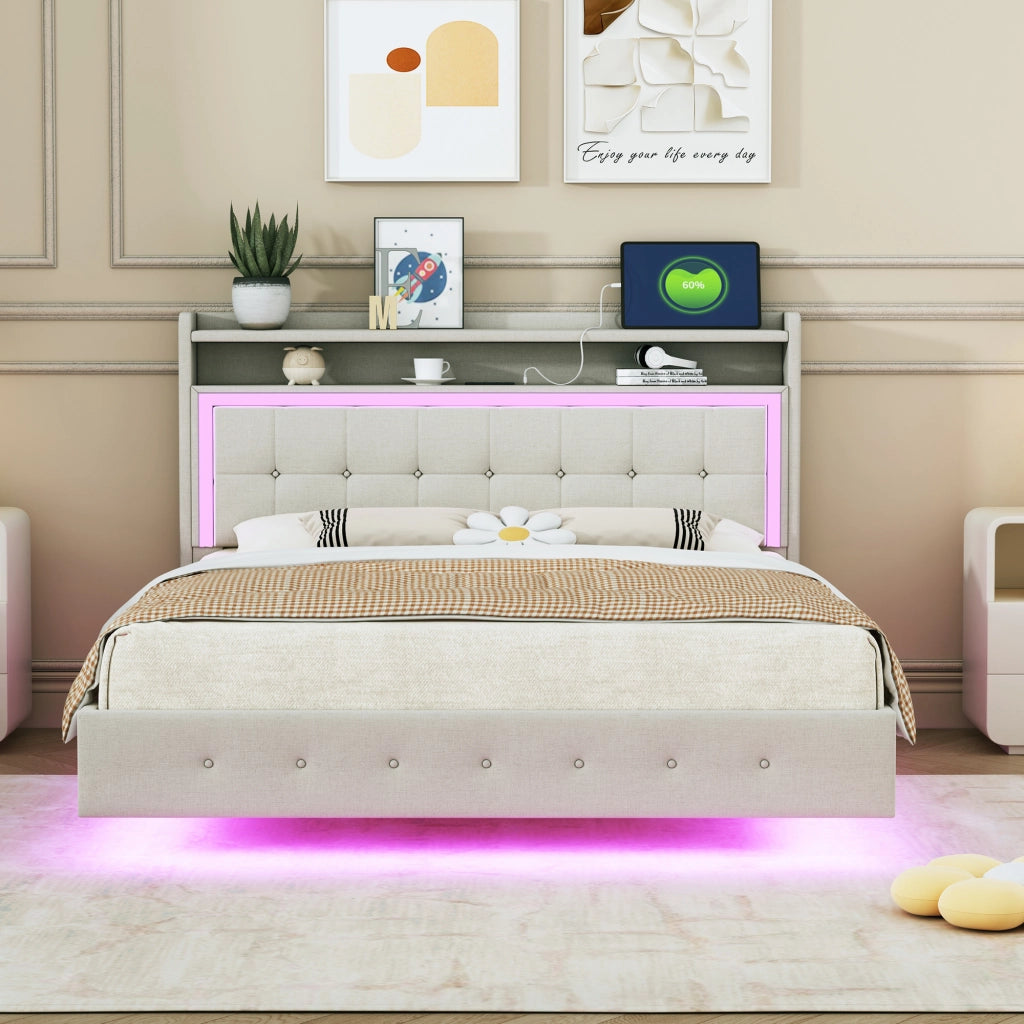 LETTO imbottito 140x200 cm beige in lino con USB e luci LED