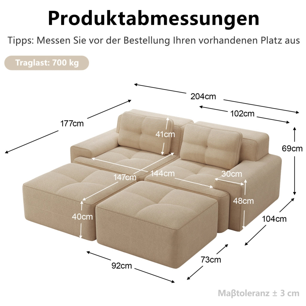 Divano modulare Cloud in velluto a coste beige con seduta profonda e design senza braccioli, 2 posti