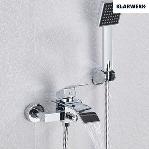 "ROSA" | Rubinetto per vasca a cascata doccia cromata| in acciaio inox con doccetta e supporto Set completo termostato vasca con rubinetto miscelatore