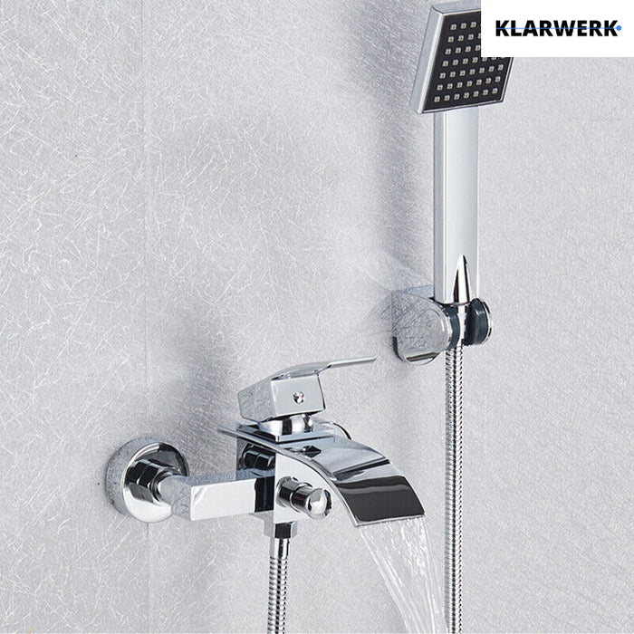 "ROSA" | Rubinetto per vasca a cascata doccia cromata| in acciaio inox con doccetta e supporto Set completo termostato vasca con rubinetto miscelatore