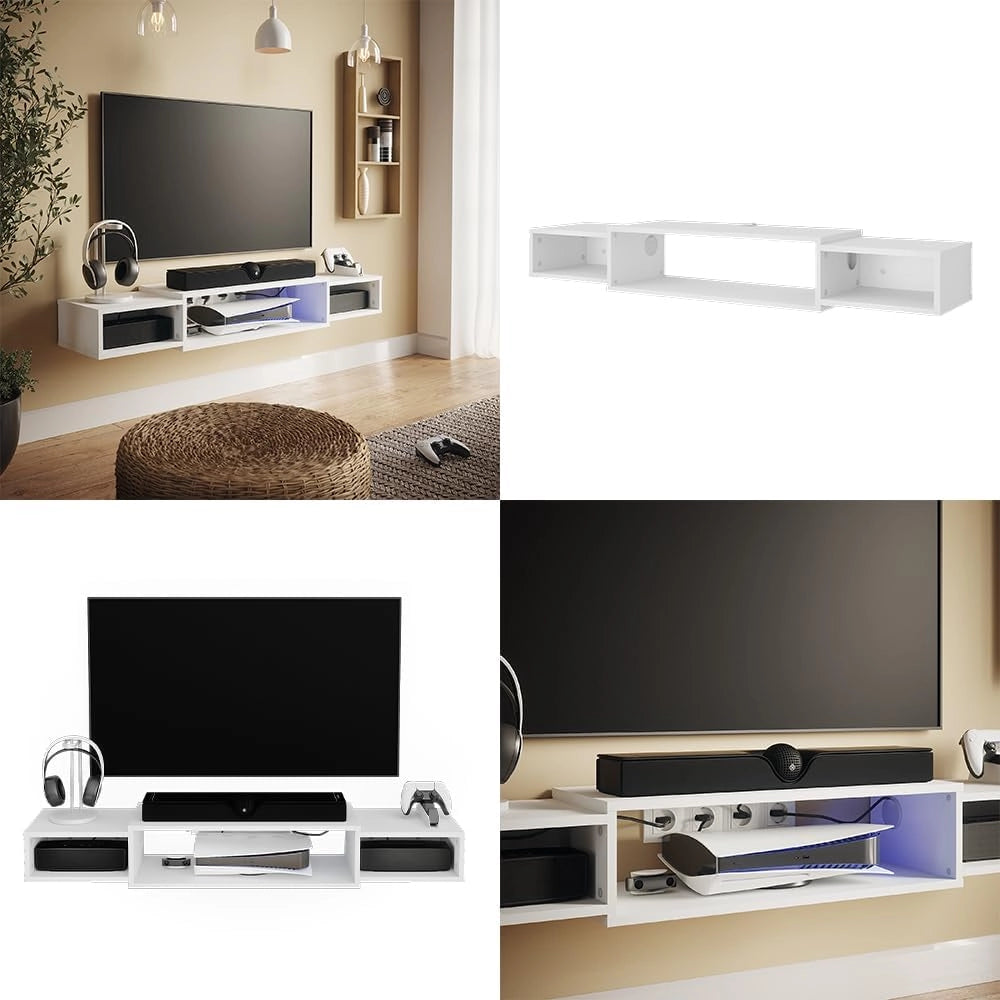 Mobile tv Nordic, Bianco, 139.7 x 20.3 cm con ripiani aperti, adatto al montaggio a parete per una configurazione flessibile degli spazi