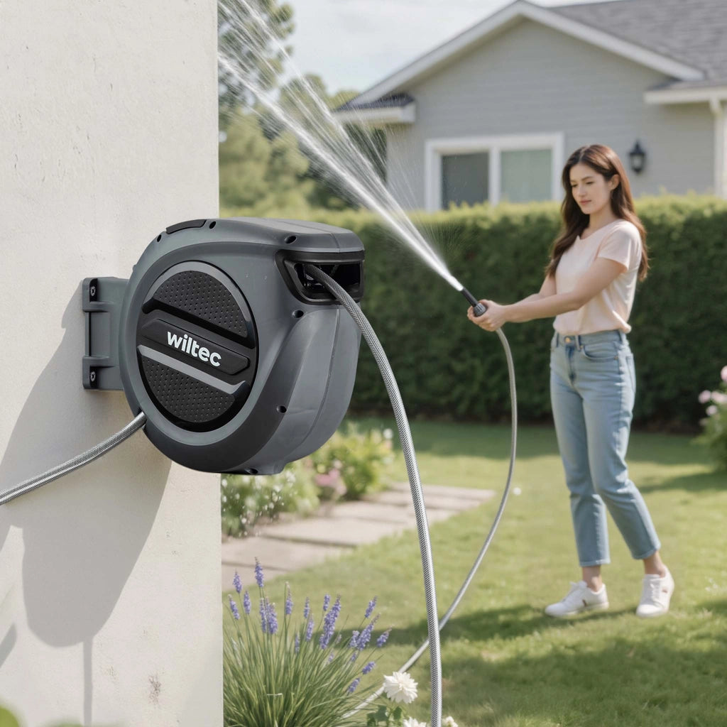 Portatubo da giardino con avvolgitore automatico, avvolgitubo da parete con tubo da 20 m, avvolgitore per tubo acqua