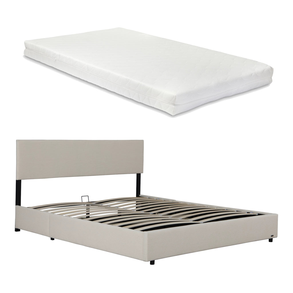 Letto Contenitore Juva Apertura a Ribalta Letto Francese con Materasso 140x200 cm Velluto a Coste Beige Corium