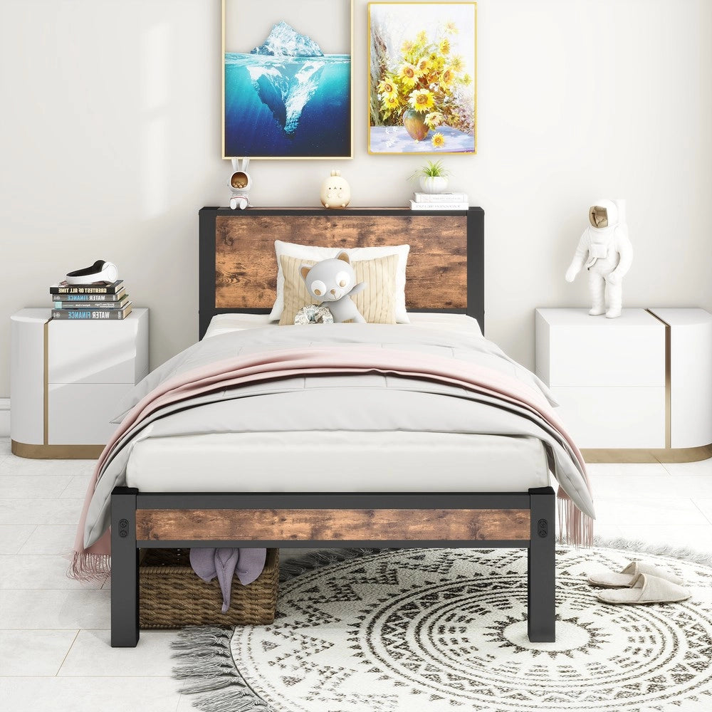 Giroletto Singolo in Metallo con Testiera Contenitore ¨C MINIMAL ¨C 90x200, Marrone Vintage