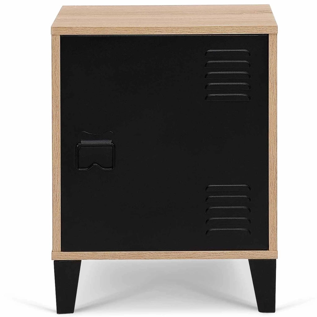 IDMarket - Comodino ESTER effetto legno con 1 anta in metallo nero, design industriale