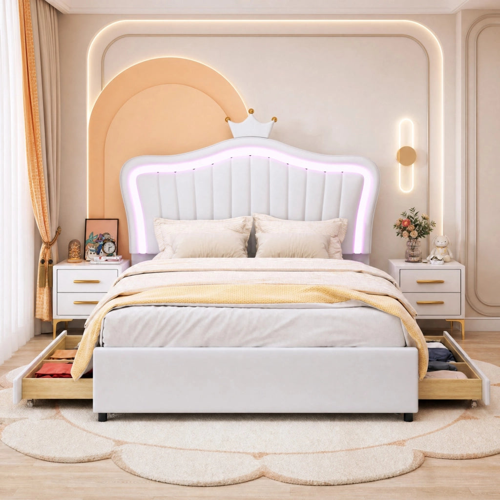 Letto per bambini imbottito 140x200 cm con 4 cassetti; LED e rete a doghe; bianco