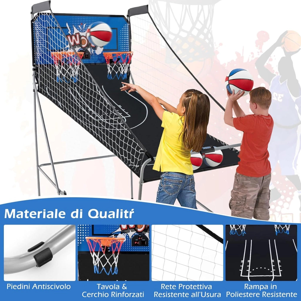 Macchina da Pallacanestro Elettronica, Canestro Basket da Camera a Doppio Tiro Pieghevole con Punteggio Elettronico, 4 Palle, 8 Modalità di Gioco e 2 Canestri (Blu 2)
