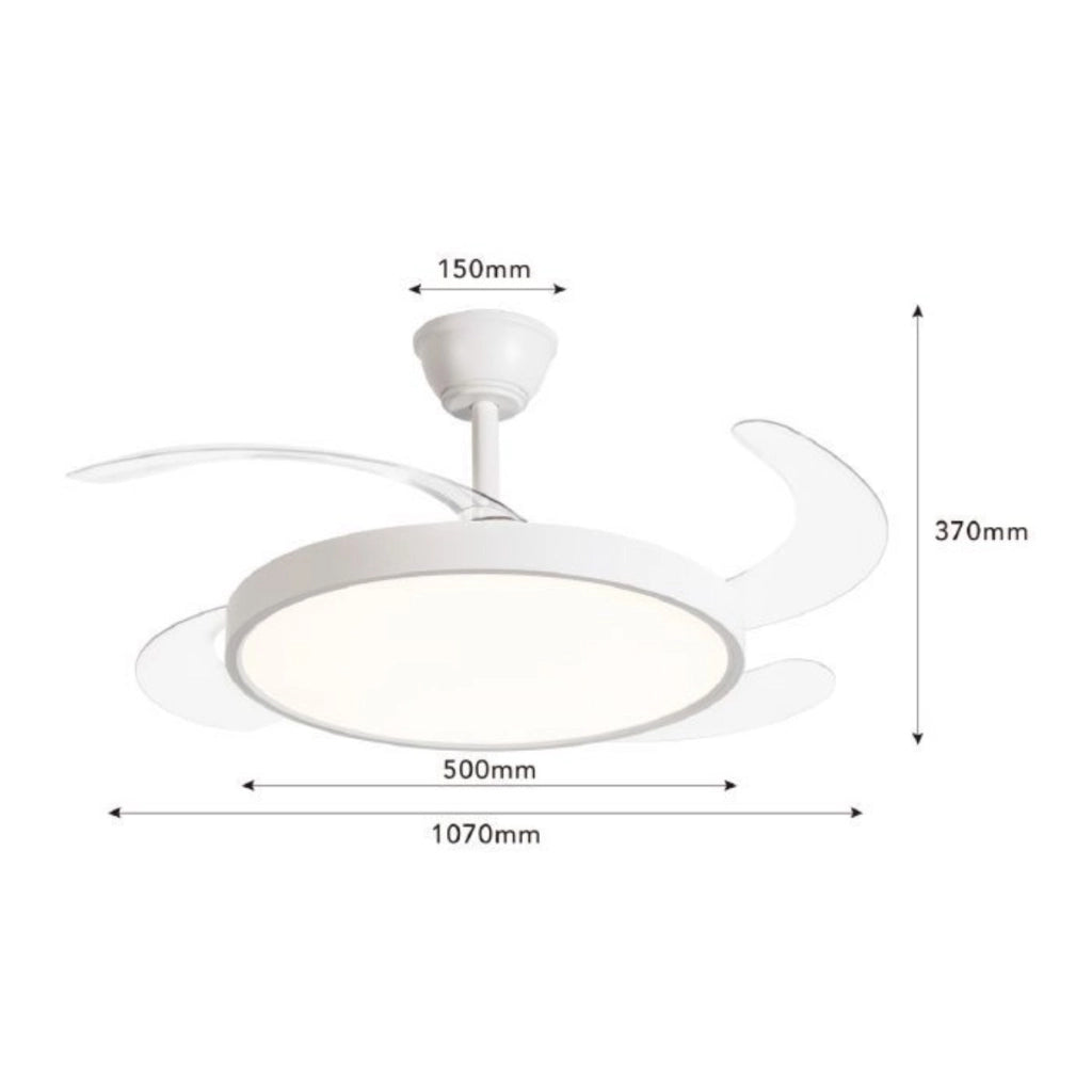 Ventilatore da soffitto con lampada LED integrata 40W dimmerabile con telecomando, pale retrattili invisibili, 6 velocità, funzione estate/inverno, luce calda, naturale, fredda, design moderno