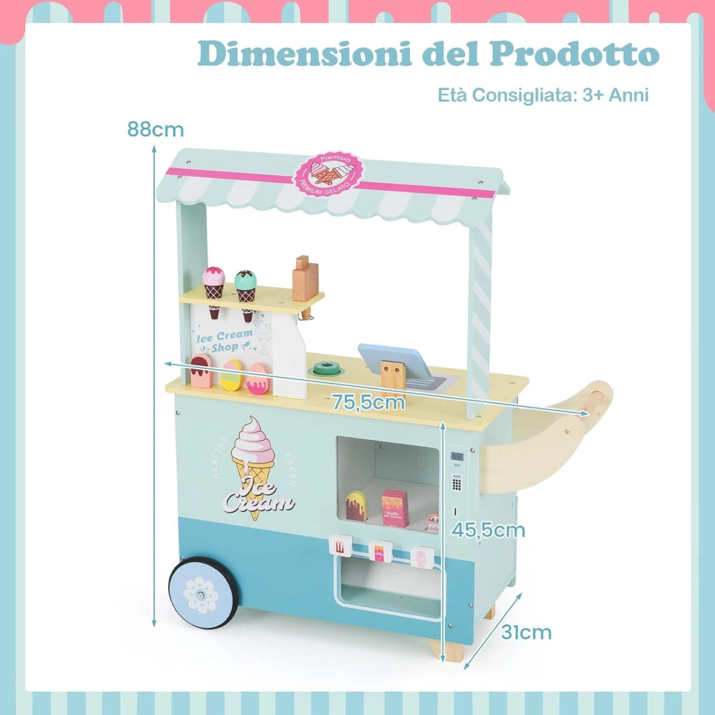 Gelateria Giocattolo per Bambini con Gelatiera, Carrelo dei Gelati in Legno con Ruote e Maniglia, Negozio di Gelati Giocattolo con Cassa e 15 Accessori, per Bambini di 3 + Anni (Verde)