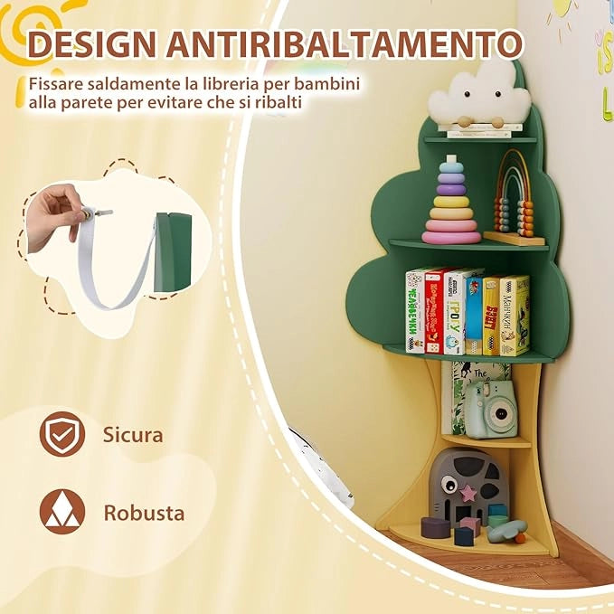 Libreria ad Albero per Bambini, Espositore per Libri a 5 Livelli con Anti-Ribaltamento, Libreria Angolare Salvaspazio per Camera da Letto Sala Giochi Asilo e Aula