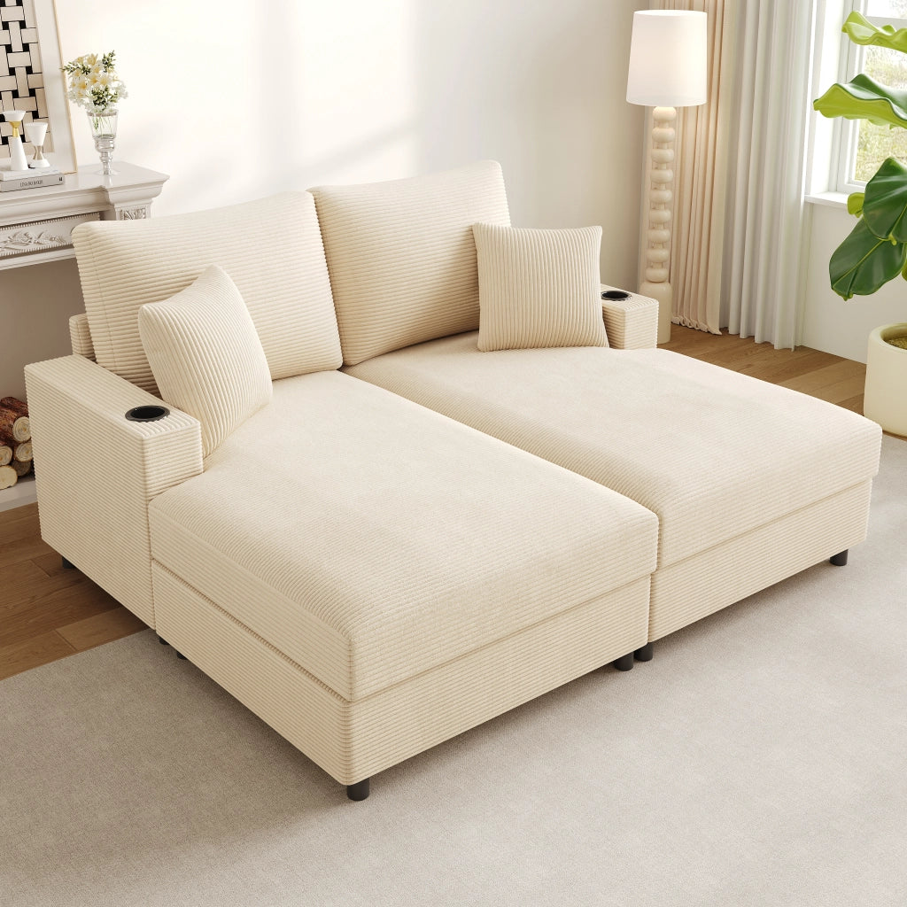 DIVANO Relax 163x140x82 cm in velluto a coste beige, 2 posti