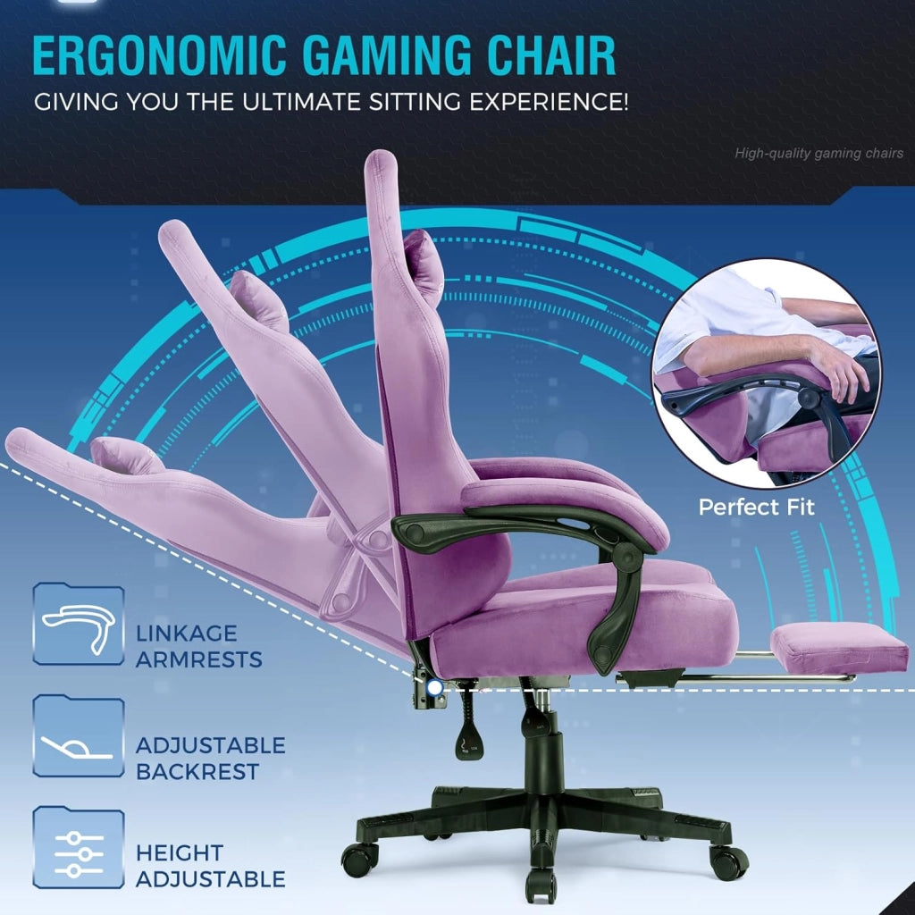 Sedia da gioco, traspirante, da ufficio, ergonomica, in tessuto di alta qualità, ergonomica, schienale regolabile a 160° e poggiapiedi estraibili, carico 180 kg,viola chiaro