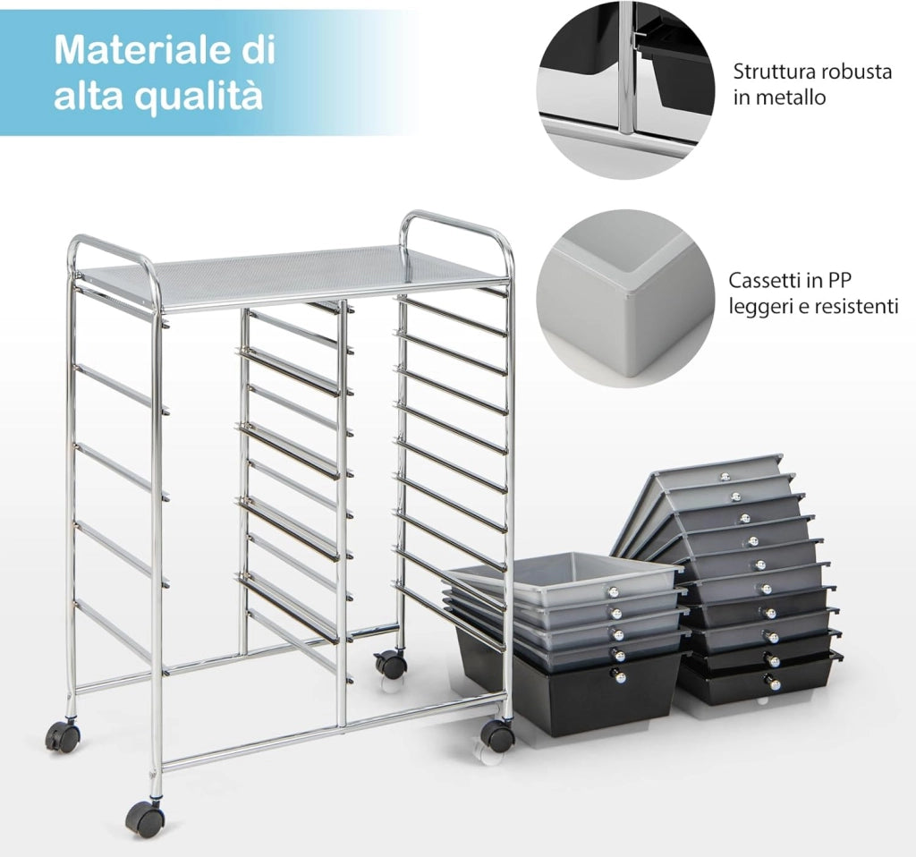 Carrello con 15 Cassetti Impilabili, Carrello di Stoccaggio con Ruote, Carello Portaoggetti per Casa e Ufficio, 62,5 x 37 x 87 cm (Nero 3)