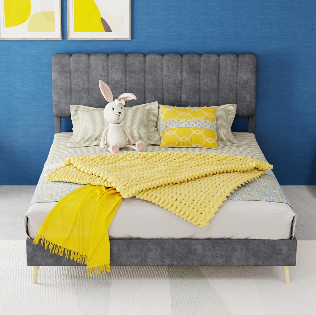 Letto imbottito 140x200 cm in tessuto e metallo; grigio