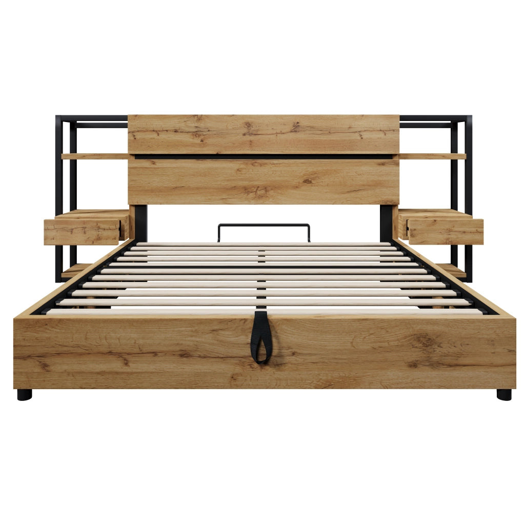 Letto contenitore matrimoniale 160 × 200 cm con cassetti, USB e Type-C, senza materasso, in MDF e metallo, rovere
