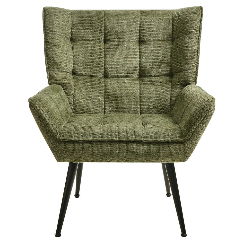 Poltrona in stile retrò con rivestimento idrorepellente gambe in acciaio imbottitura trapuntata e braccioli verde