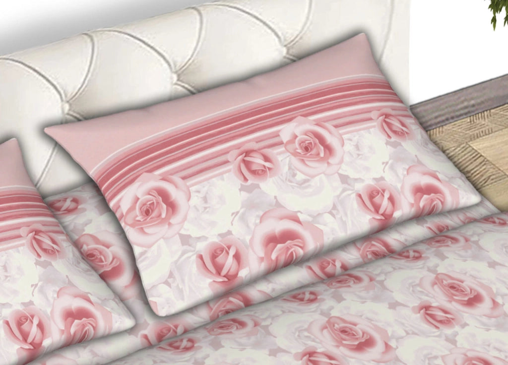 Completo Lenzuola In Morbida Flanella Made Italy Disegno Floreale Roseto C.N - 2 Piazze - Rosa