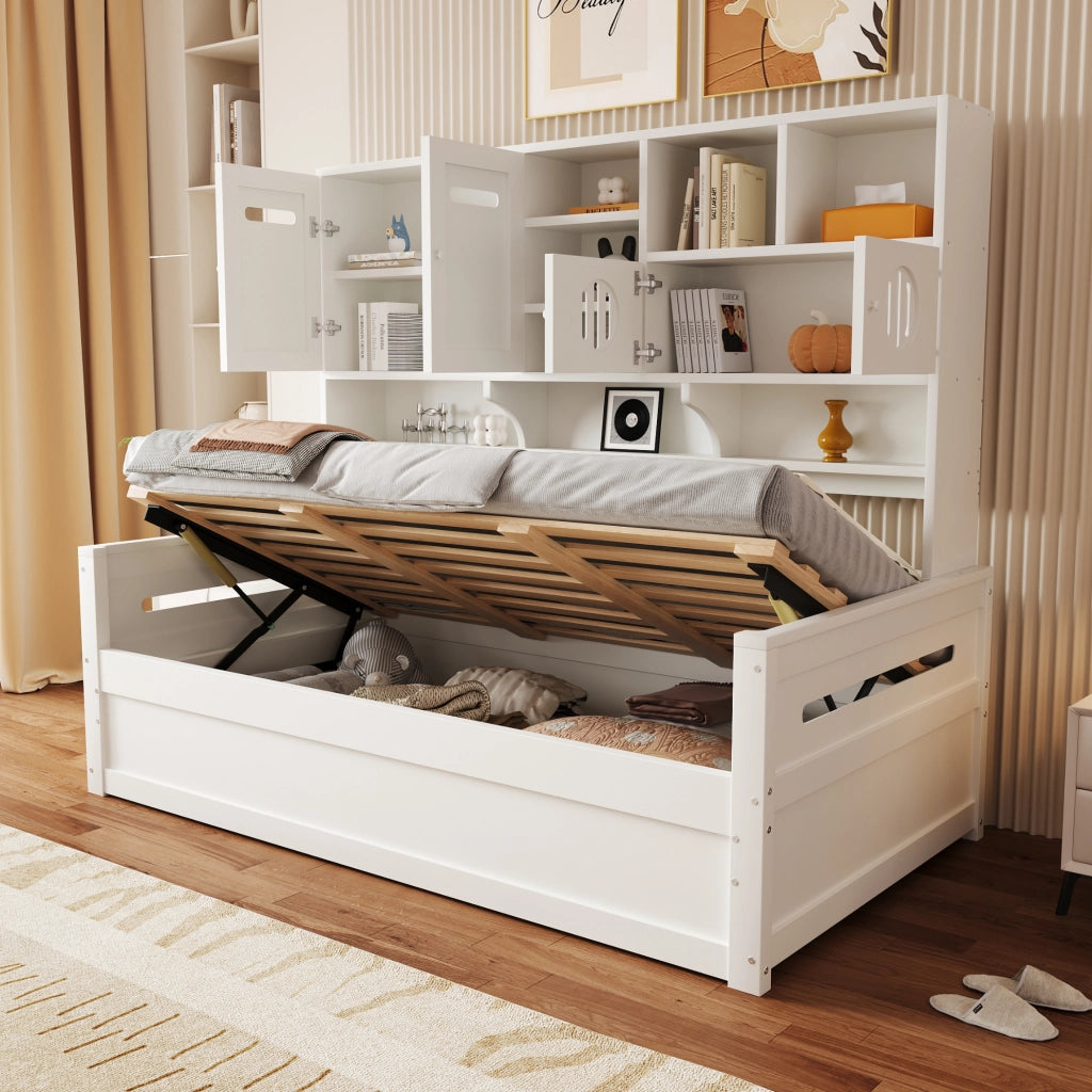Divano letto multifunzione 90x200 cm con vano contenitore e letto idraulico; bianco