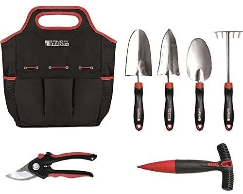 Sandrigarden SG-A90 Set 6 pezzi attrezzi da giardino in acciaio inox con borsa in tela 8 tasche colore Grigio - Nero
