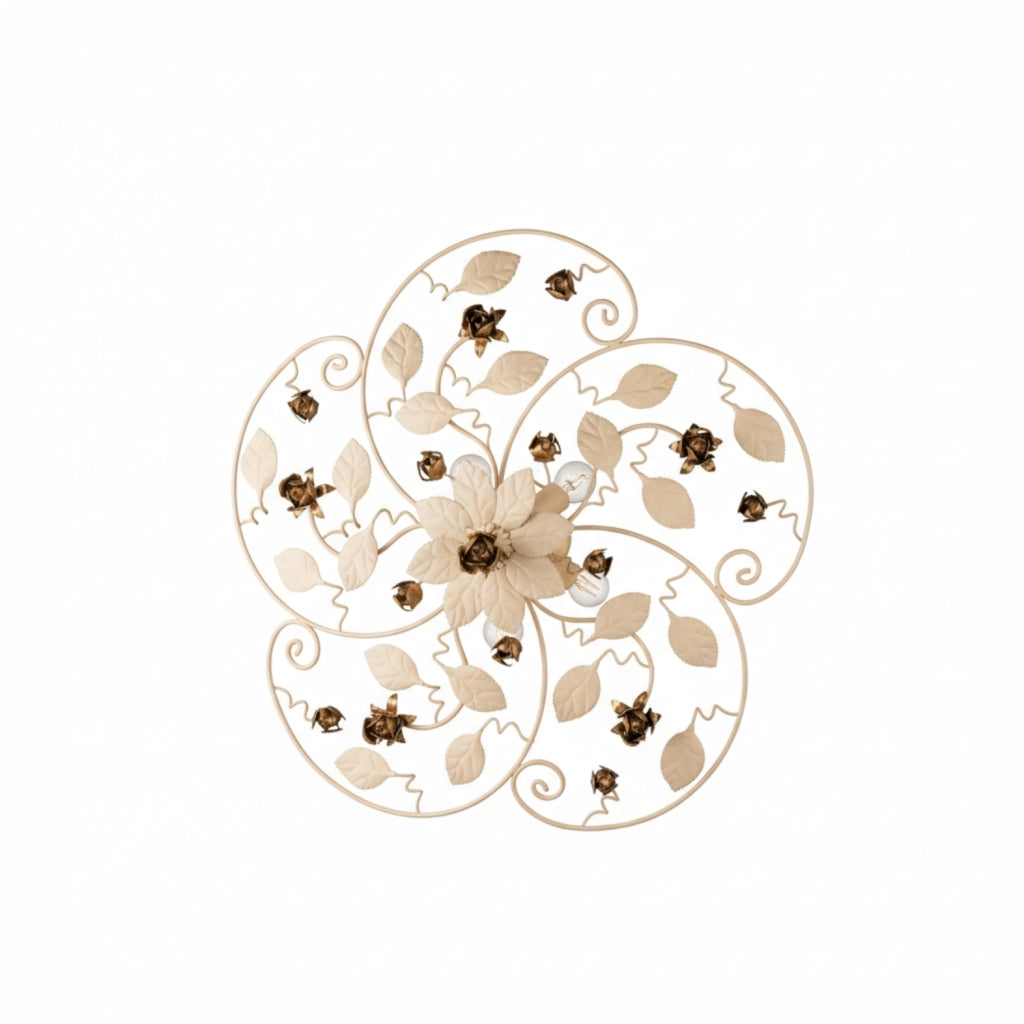 Plafoniera Shabby Chic Bella Metallo Avorio Oro 5 Luci E14