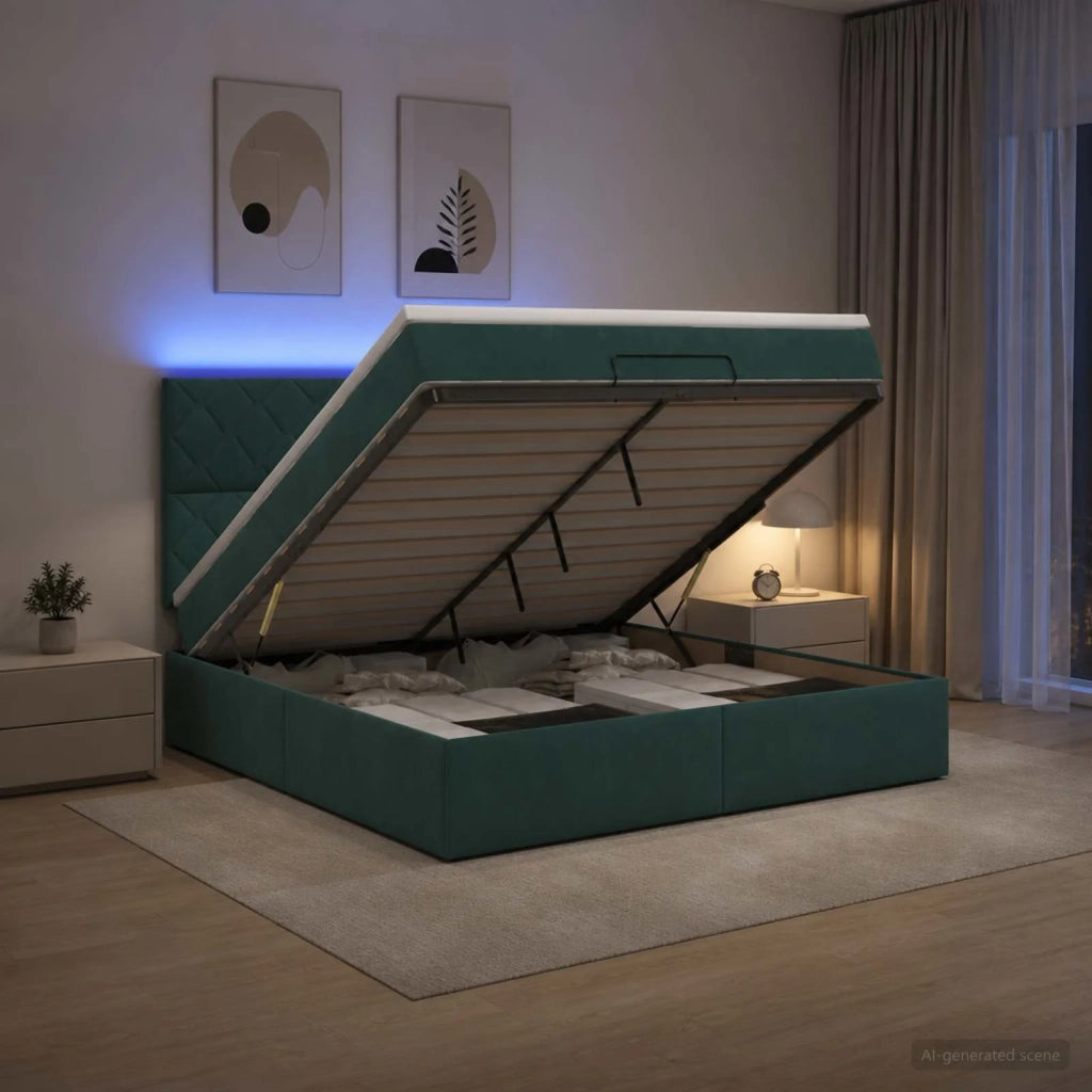 Letto Ottomano con Materasso e LED Verde Scuro 180 x 200 cm 3458394