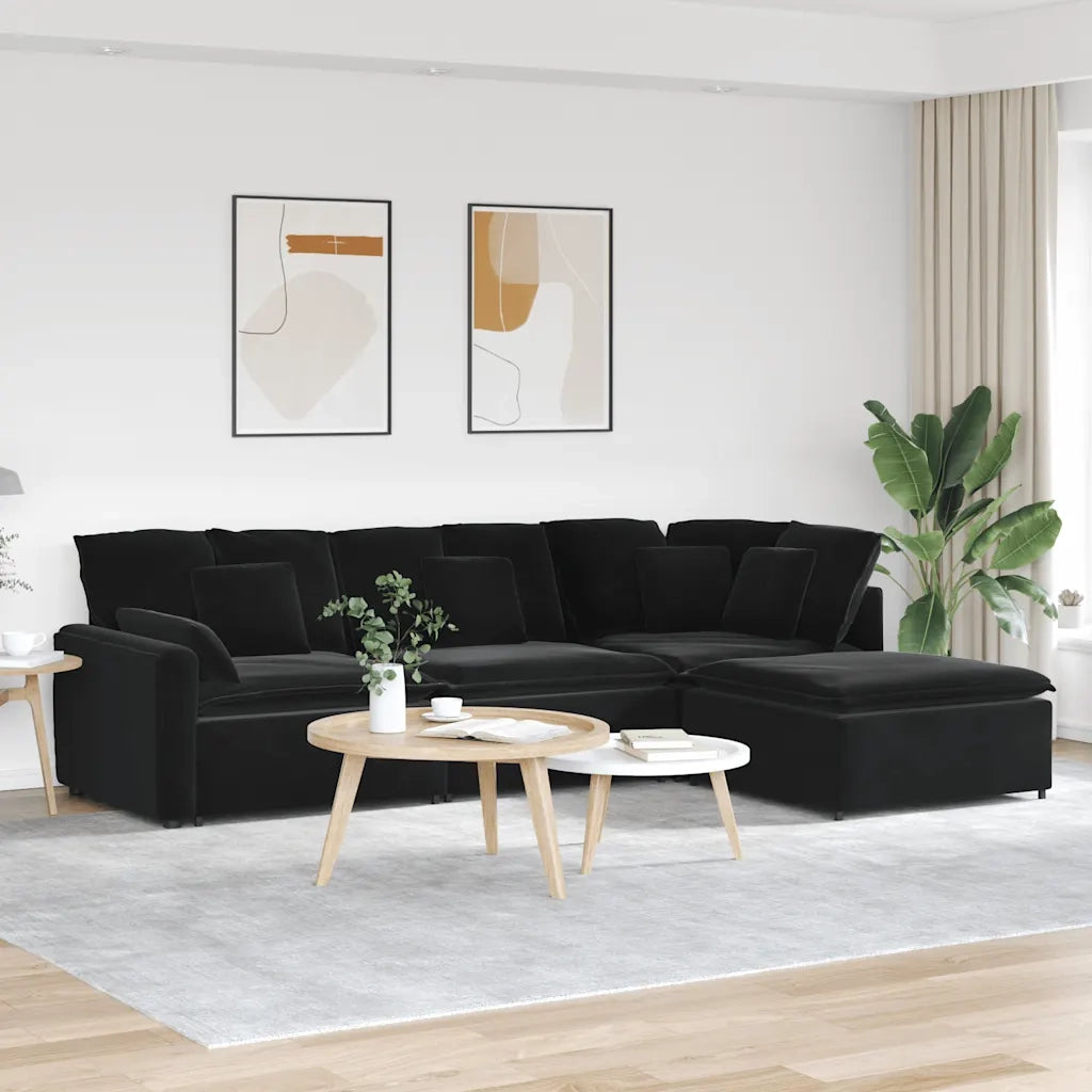 Divano Modulare con Poggiapiedi e Cuscini in Velluto Nero 3321194