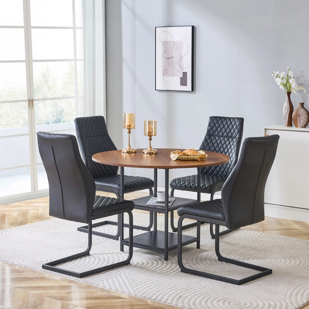 Tavolo da pranzo rotondo con doppio piano d’appoggio e 4 sedie in pu nero, metallo e mdf, 107 cm × 75 cm