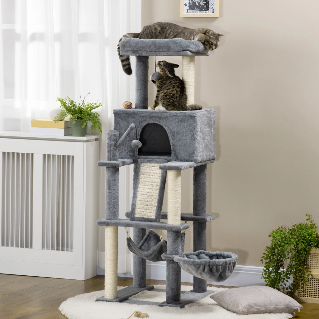 Tiragraffi per Gatti con Casa e Amaca ¨C Zephmum ¨C Grigio 48x48x140cm