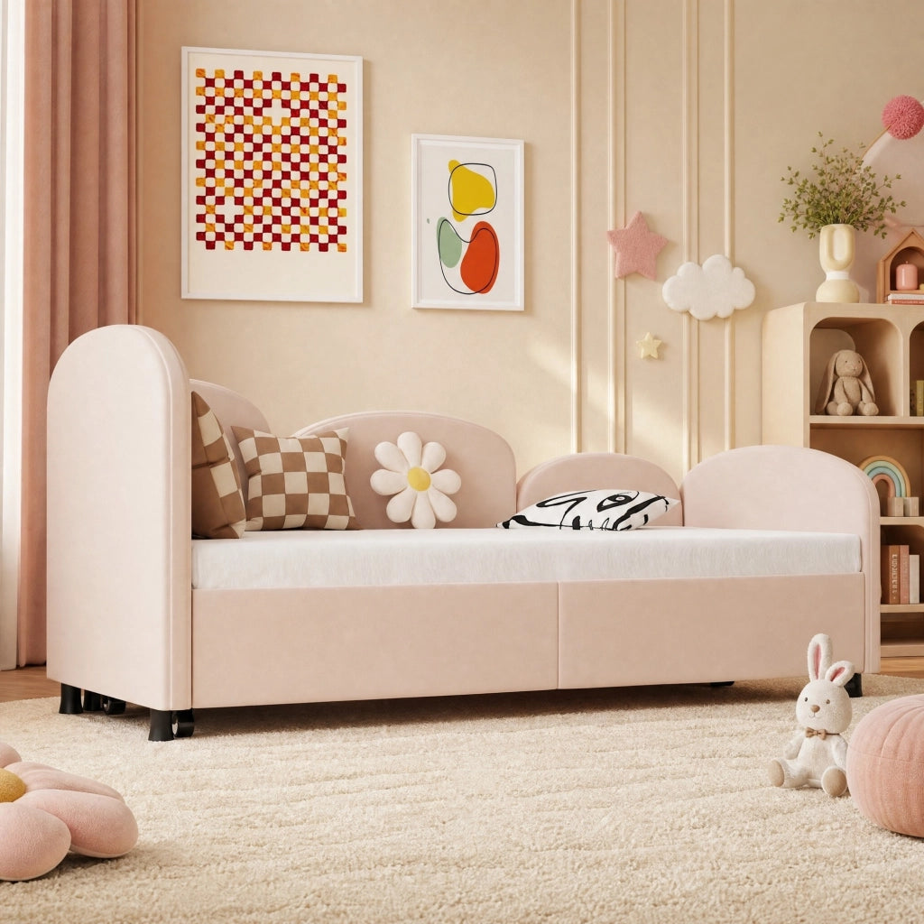 Letto per bambini 90x200 cm in velluto rosa con cassetto contenitore e struttura robusta