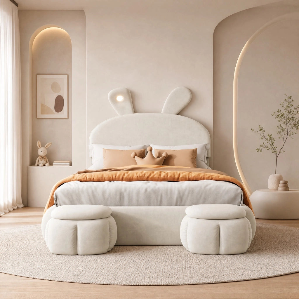 Letto imbottito con LED e contenitore beige 140x200 cm