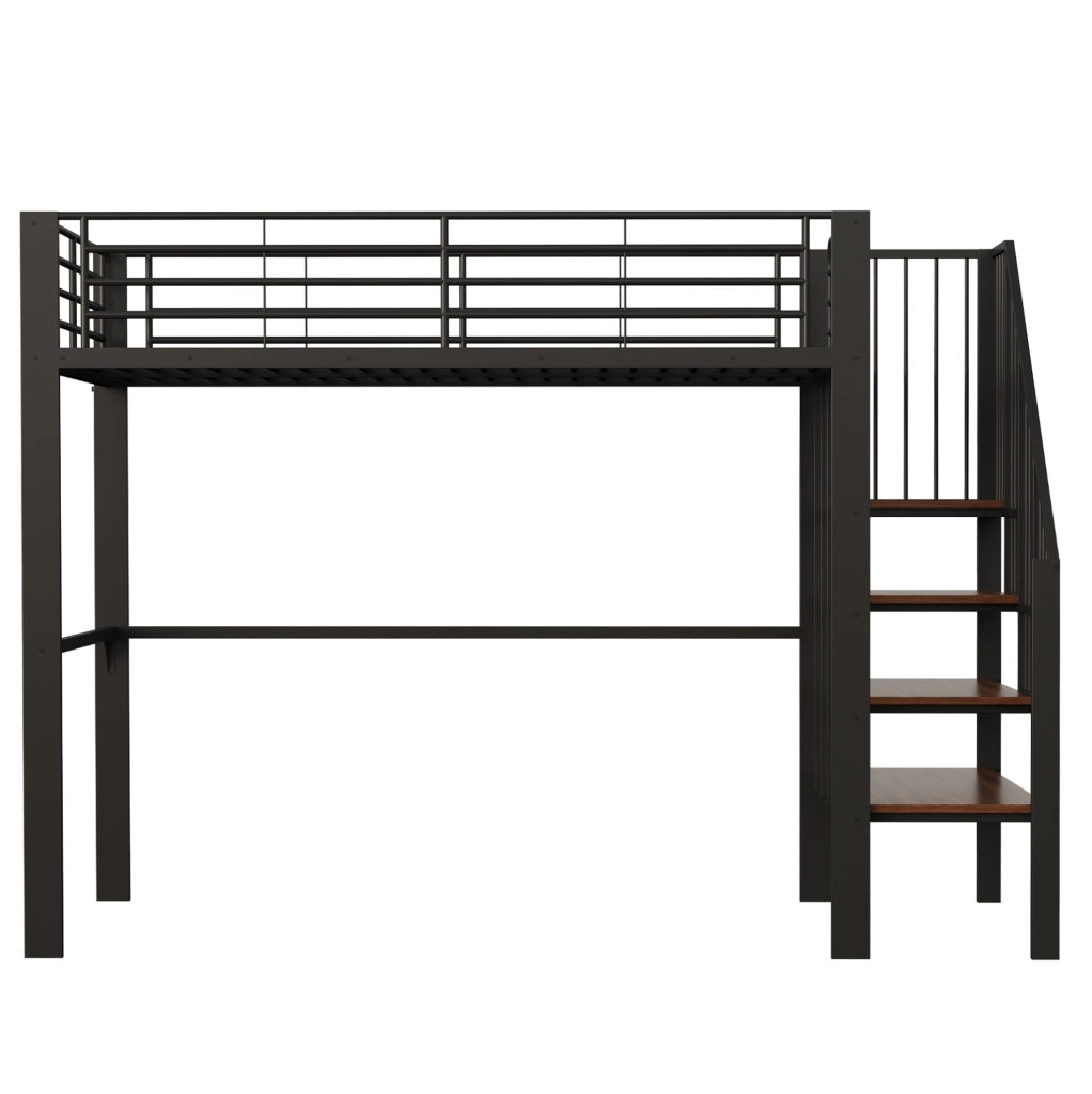 Letto a soppalco 140x200 cm con scala e spazio contenitore; metallo e legno; nero