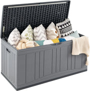 Baule da Esterno 300L Impermeabile in Resina, Cassapanca Contenitore da Esterno con Pistoni a Gas, Predisposizione per Serratura e 2 Maniglie Laterali, Resistente, 114 x 55 x 61 cm (Grigio)