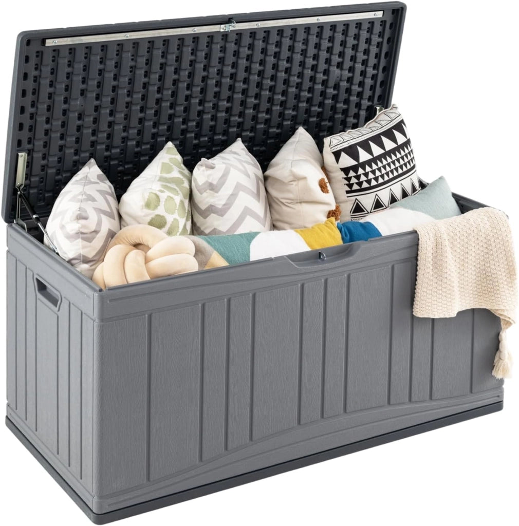Baule da Esterno 300L Impermeabile in Resina, Cassapanca Contenitore da Esterno con Pistoni a Gas, Predisposizione per Serratura e 2 Maniglie Laterali, Resistente, 114 x 55 x 61 cm (Grigio)