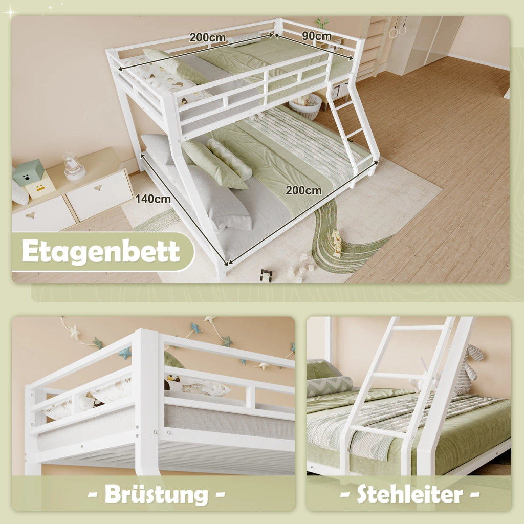 Letto a castello 90×200 cm e 140×200 cm; con scala e sponde; senza materasso; in metallo; bianco