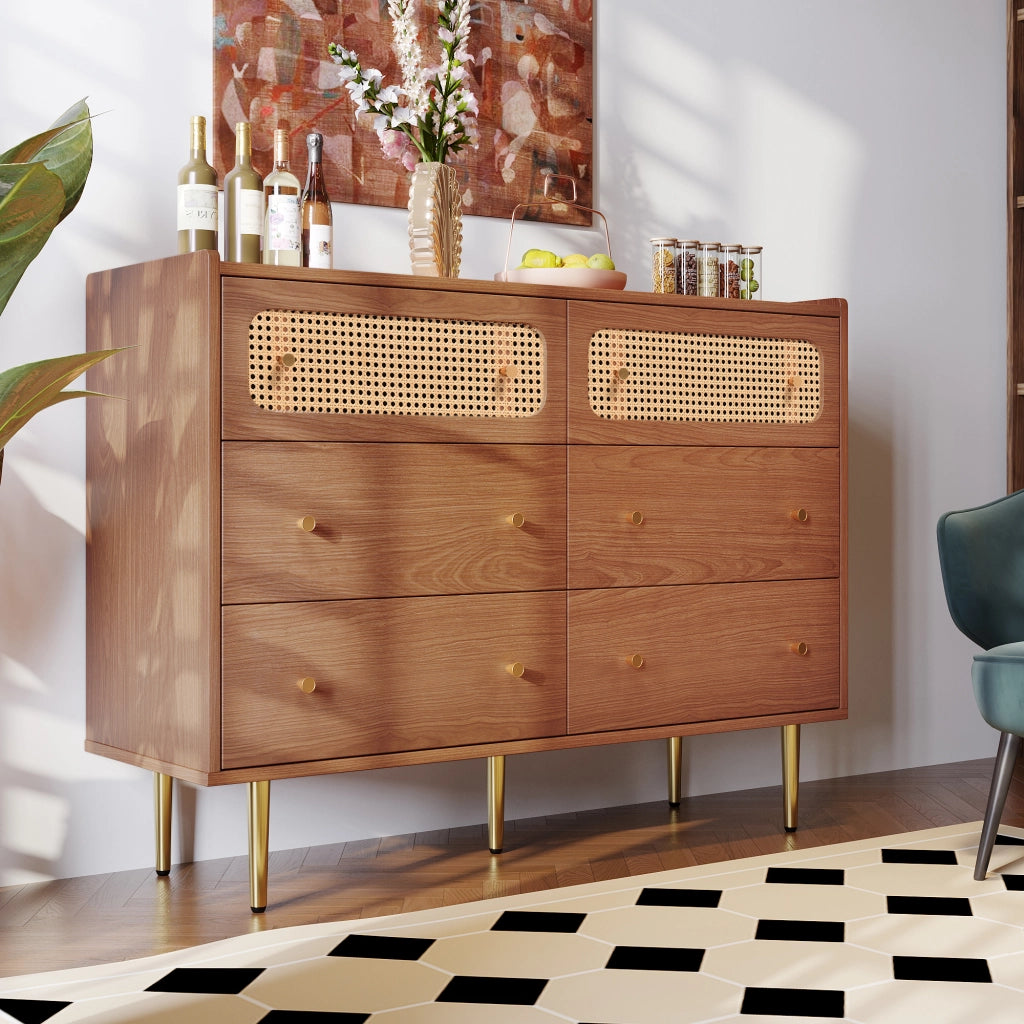 Comò a 6 cassetti effetto noce con dettagli in rattan; 120x40x90 cm; legno e metallo