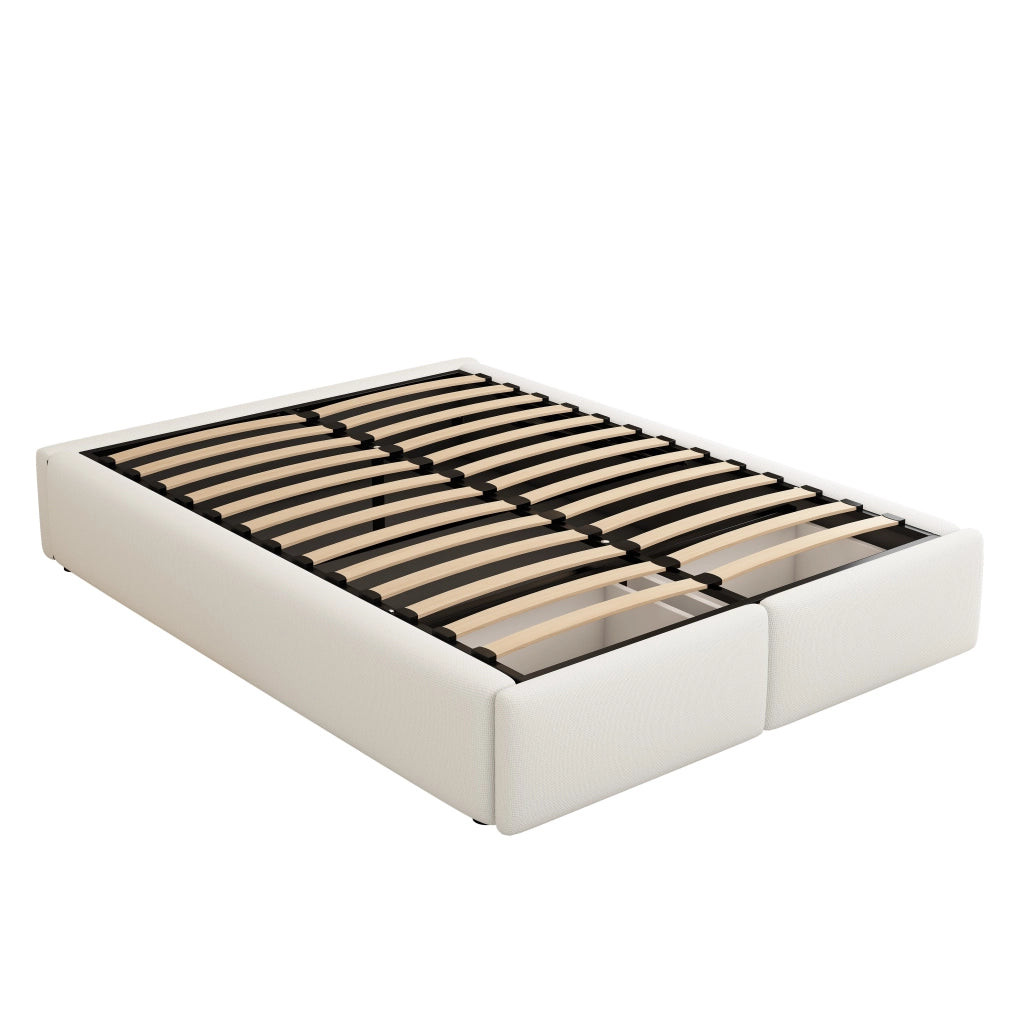Letto imbottito 140x200 cm, matrimoniale, senza testiera, con contenitore, 2 cassetti, bianco