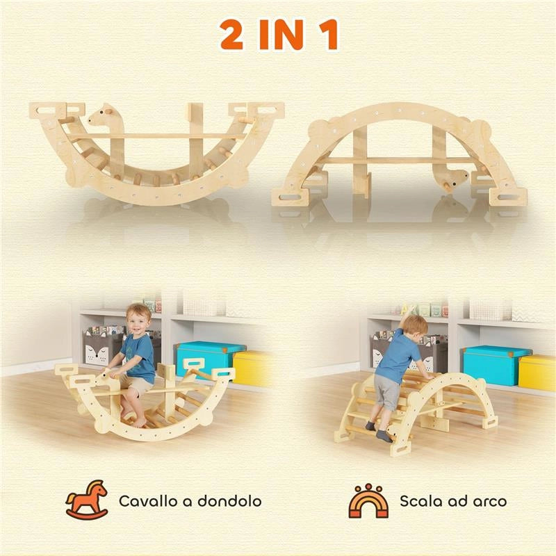 ARCO MONTESSORI IN LEGNO PER BAMBINI 2-4 ANNI CONVERTIBILE IN DONDOLO 110X52X45 CM, COLOR LEGNO