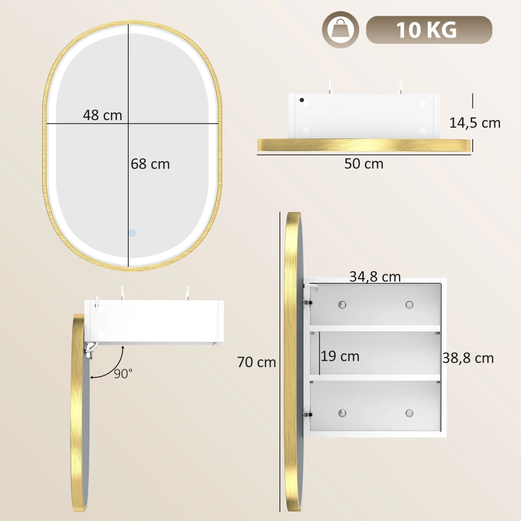 Armadietto da Bagno con Specchio e LED ¨C zephmum ¨C Dorato 50x14.5x70cm