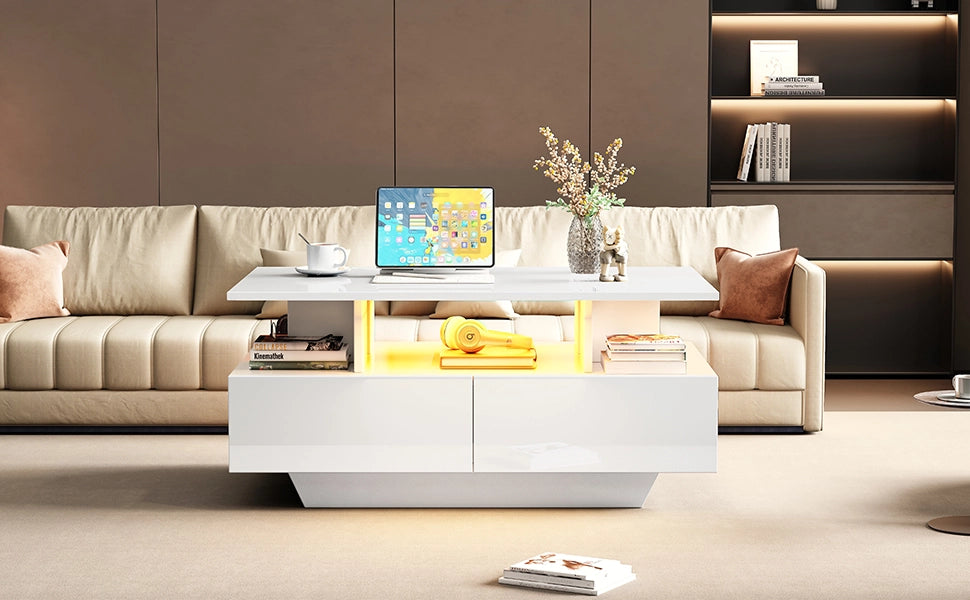 TAVOLINO DA CAFFÈ 90x55x41 cm Bianco lucido con LED e 2 cassetti
