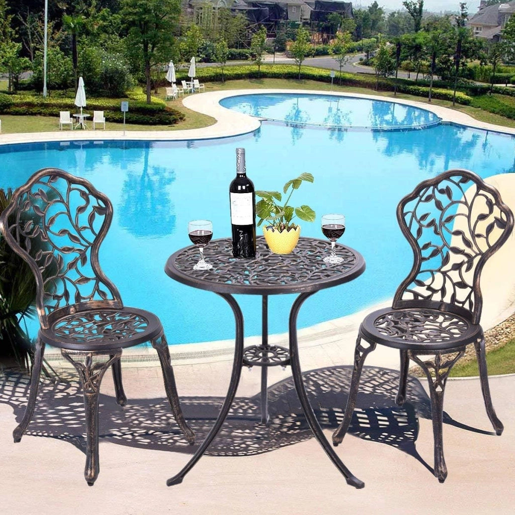 Tavolo da Giardino con Sedie in Fusione di Alluminio, Mobili da Esterno con 1 Tavolino Rotondo e 2 Sedie, Ideale per Balcone, Piscina, Cortile e Giardino