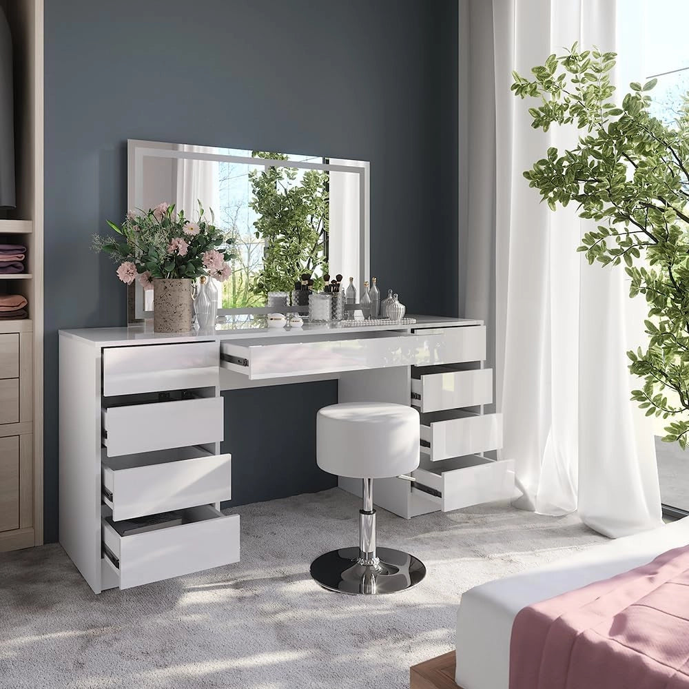 Tavolo da toeletta Sherry, Bianco/bianco lucido, 158.2 cm con specchio LED e sgabello