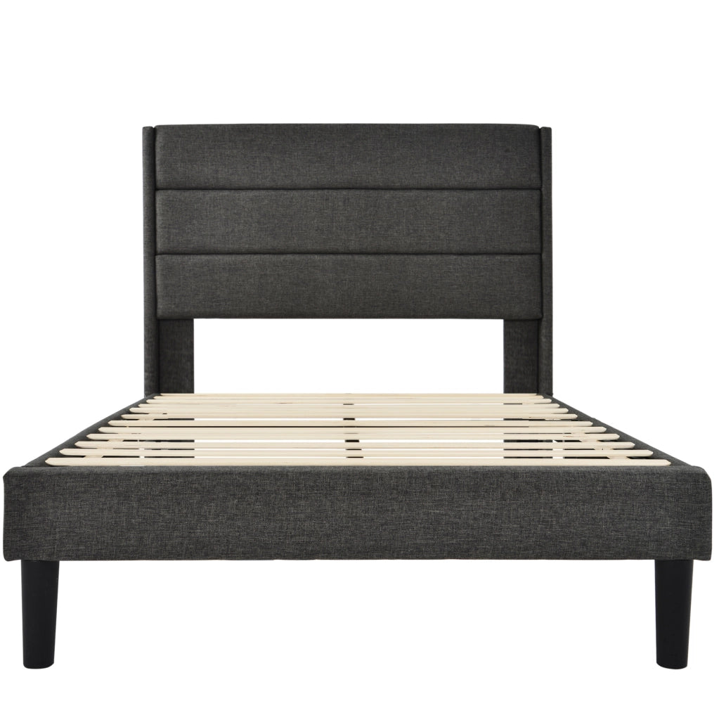 Letto imbottito 90x200 cm con testiera; rete a doghe e rivestimento in lino grigio