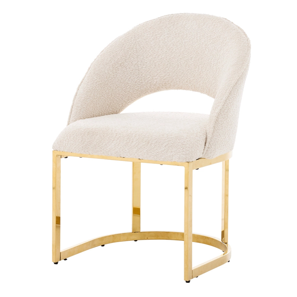 Set di 2 sedie da pranzo in bouclé beige con gambe in metallo dorato; stile moderno