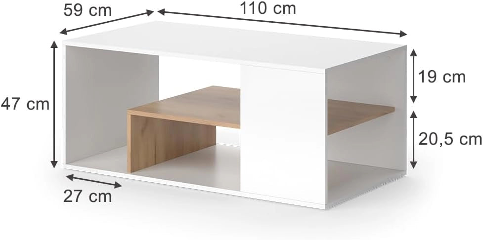 Tavolino da salotto Edgar, Rovere bianco/dorato, 110 x 59 cm, con ulteriore ripiano sotto il piano del tavolo