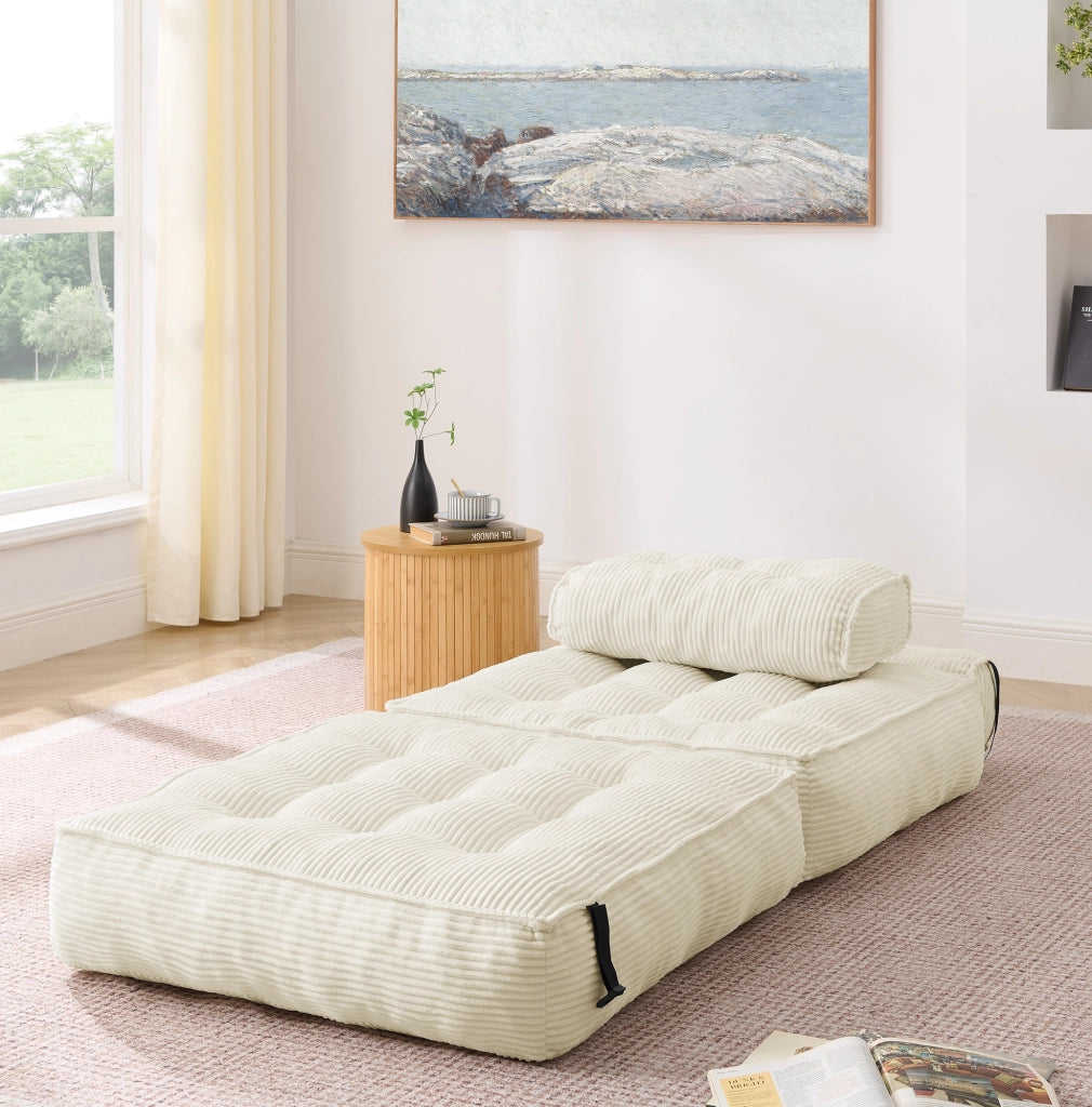 Pouf, divano letto pieghevole, velluto a coste, schienale regolabile, pronto all'uso, beige